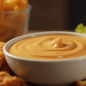 Bowl of homemade Chick-fil-A sauce surrounded by crispy chicken tenders, fries, and a sandwich bun.